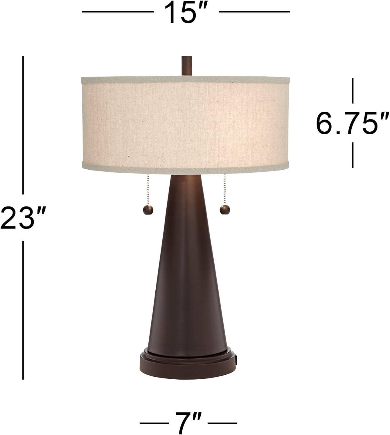 Bronze Tapered Table Lamps with Natural Drum Shades and USB Ports, Set of 2