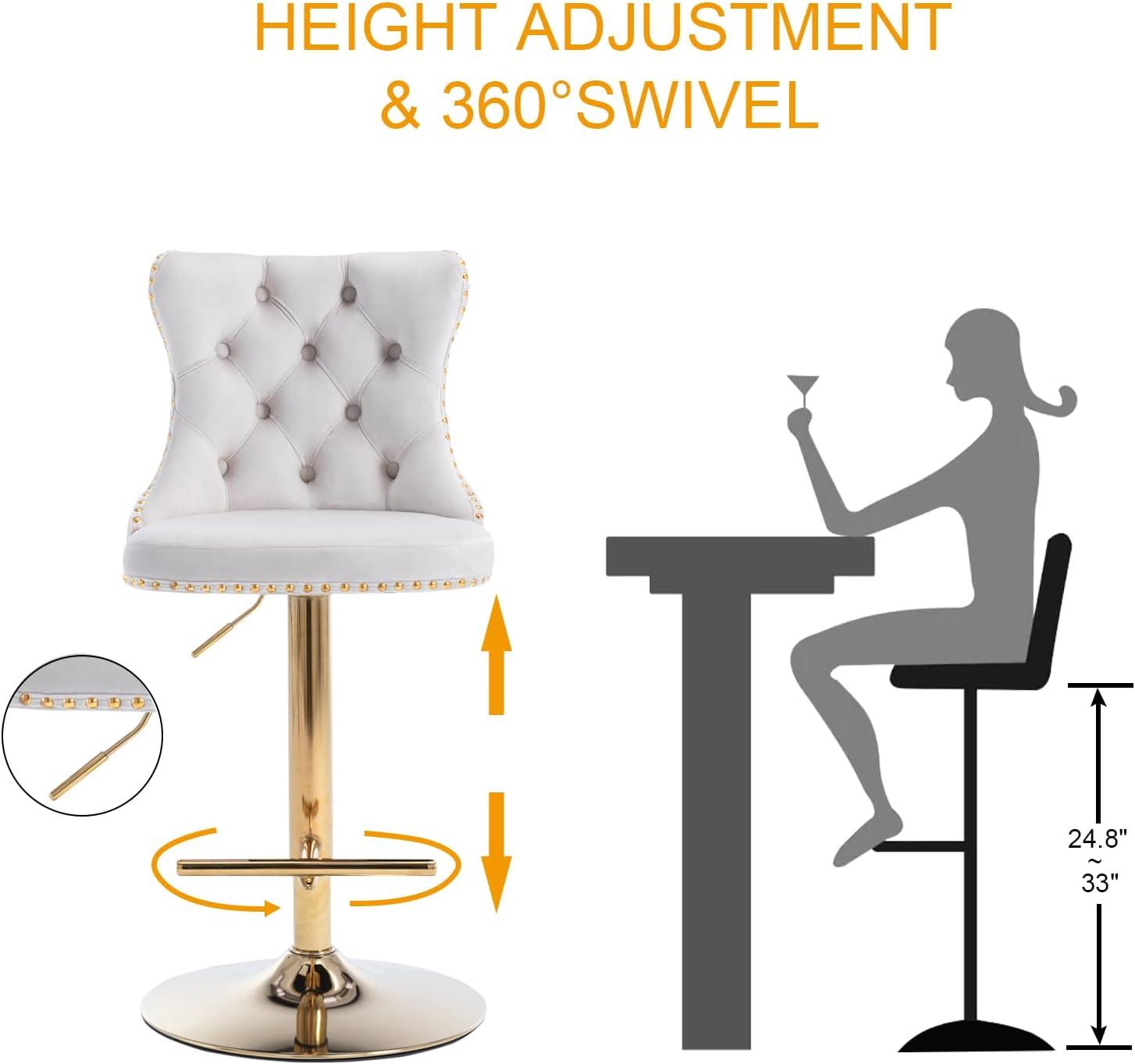 Bar Stools Set of 2, Swivel Barstools with Nailheads Trim, Velvet Button Tufted Back and Golden Footrest, Adjustable Counter Height Bar Stools for Kitchen Counter,Home Bar,Pub, Beige