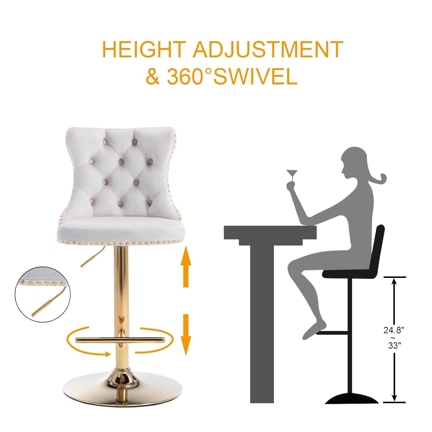 Bar Stools Set of 2, Swivel Barstools with Nailheads Trim, Velvet Button Tufted Back and Golden Footrest, Adjustable Counter Height Bar Stools for Kitchen Counter,Home Bar,Pub, Beige