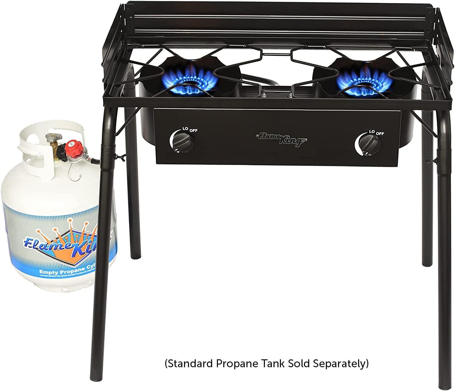 Flame King Standup 2 Burner Camp Stove, Propane Camping Stove, 200K BTU, Black, 31” x 16” x 35”