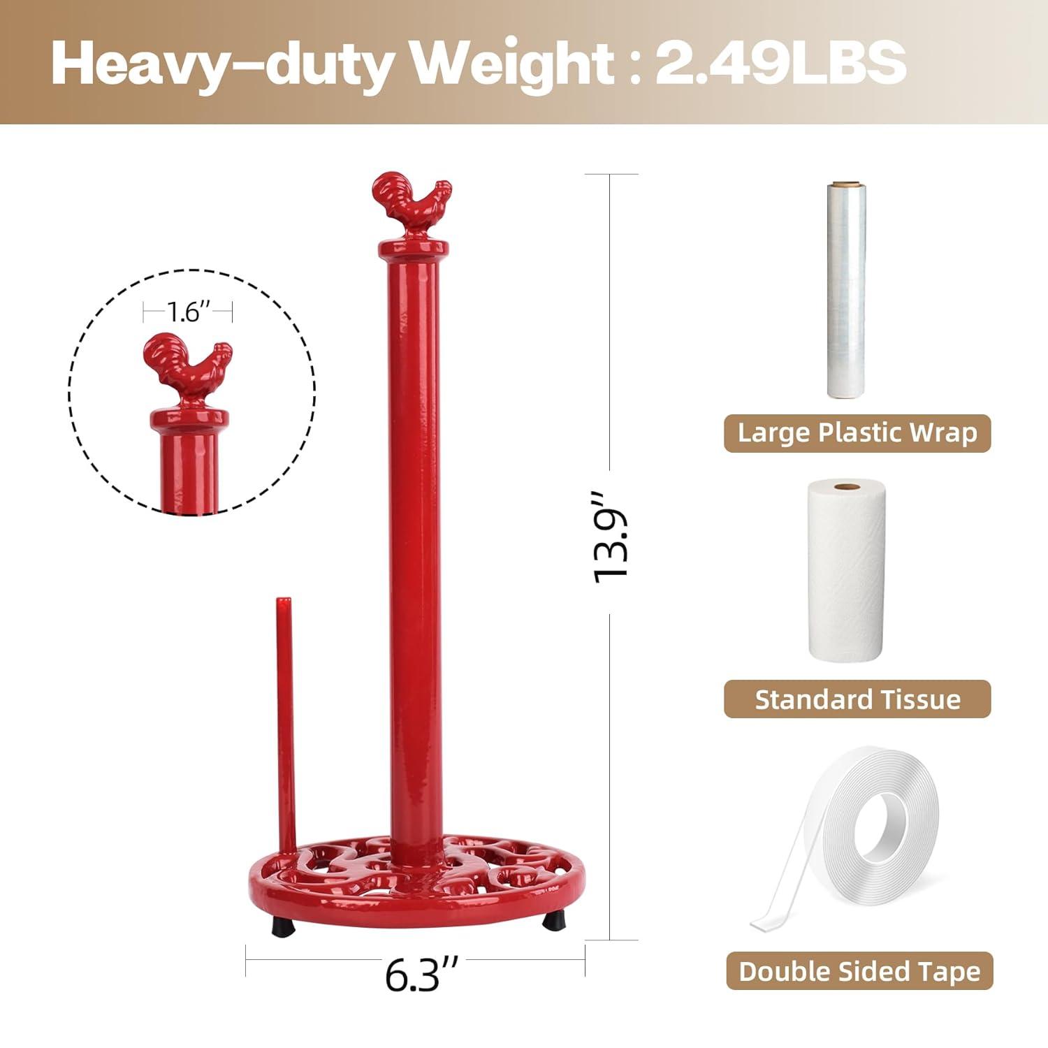 Vintage Paper Towel Holder Countertop - Cast Iron Standing Roll Paper Towel Dispenser with Elegant and Heavy Daffodil Pattern Base for Kitchen Décor, Red