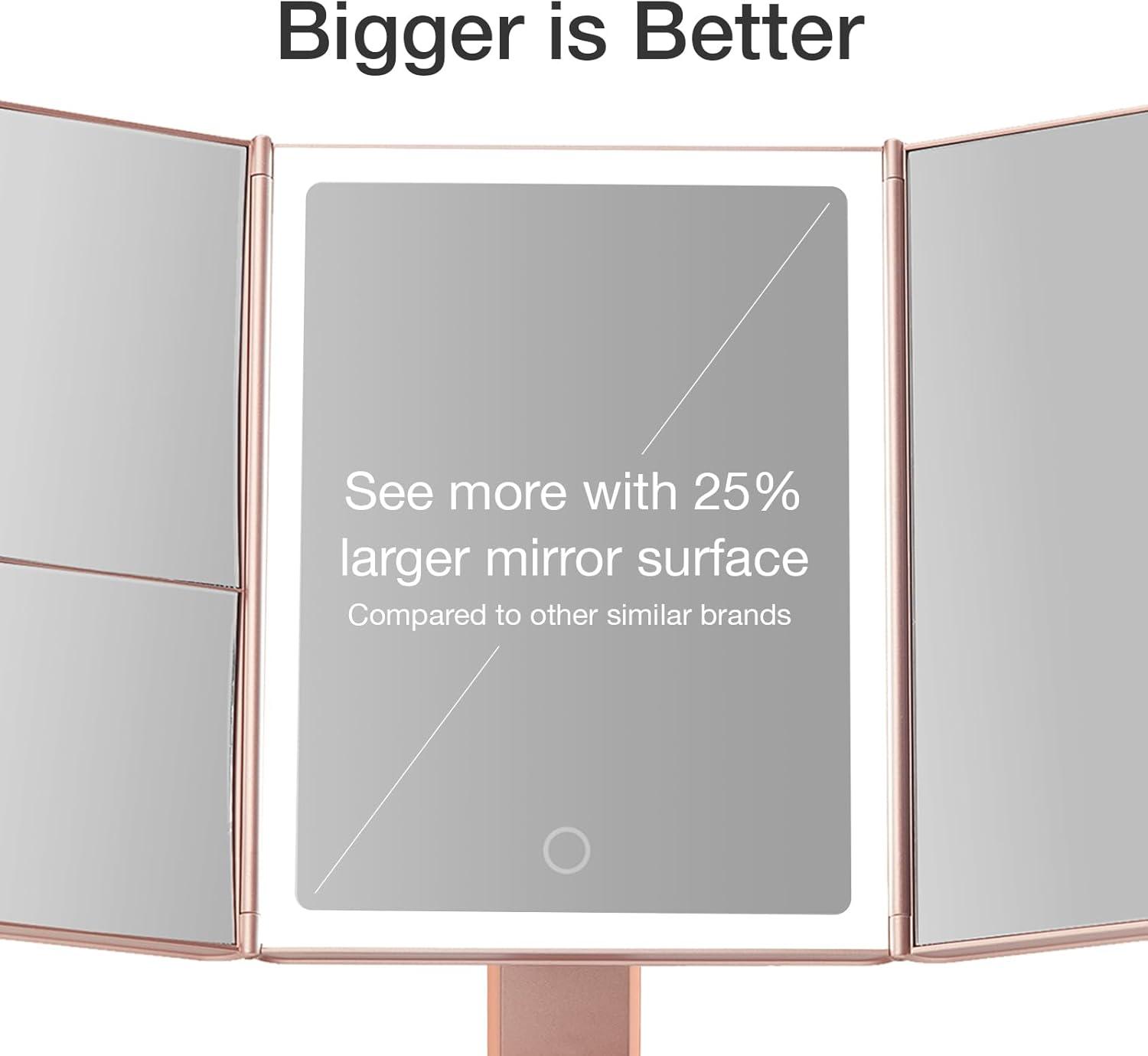 Rose Gold Trifold Vanity Mirror with LED Lights and Magnifications