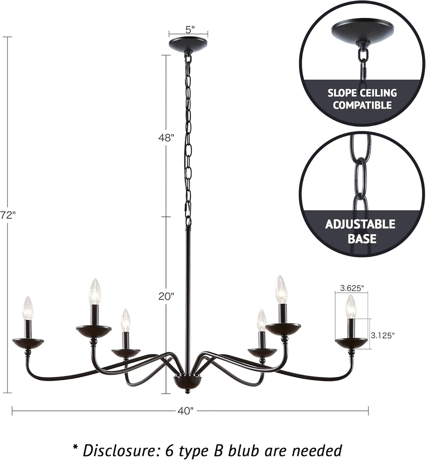 72.5" Brighton Chandelier Matte Black: Farmhouse Metal, 6-Light, Adjustable Height, No Shade