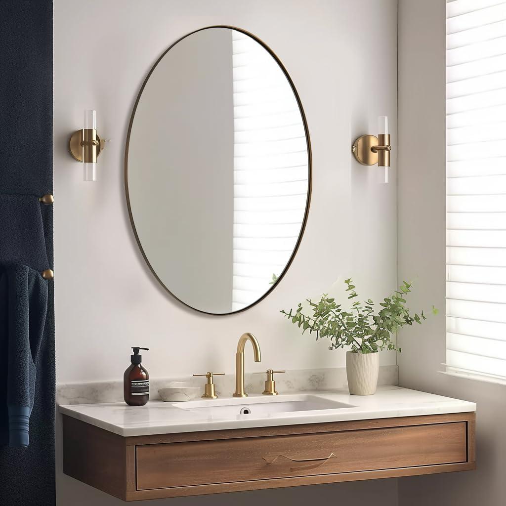 ANDY STAR Modern Decorative 22 x 30 Inch Oval Wall Mounted Hanging Bathroom Vanity Mirror with Stainless Steel Metal Frame, Brushed Bronze