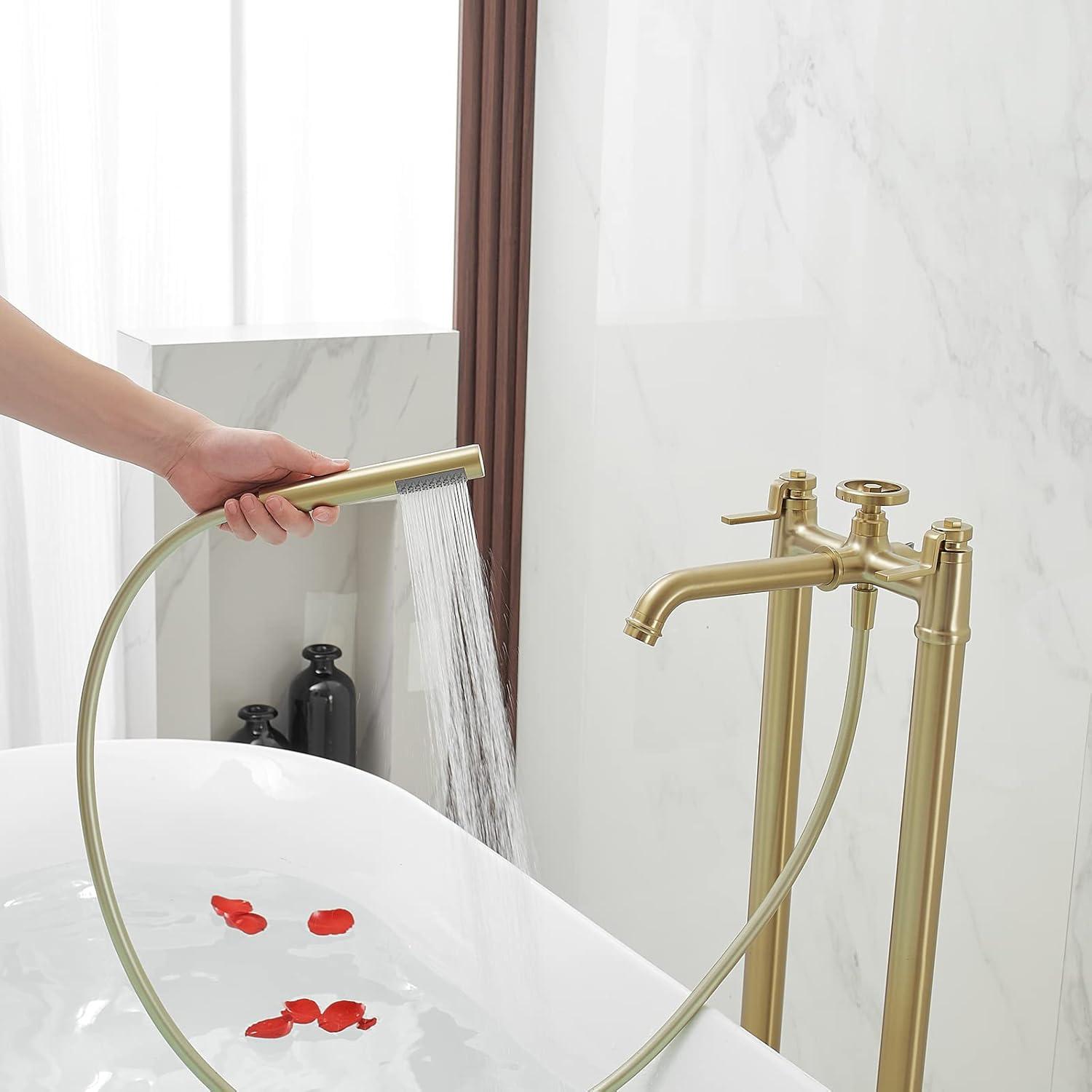 Brushed Gold Solid Brass Freestanding Bathtub Faucet with Handheld Shower
