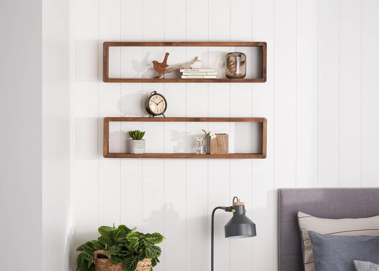 Stackable Floating Shelves, Farmhouse Style Decorative Box Bookshelves for Bedroom, Living Room, and More, Solid Wood, 8" H x 32" W x 4.00" D, Walnut Finish, 2-Pack