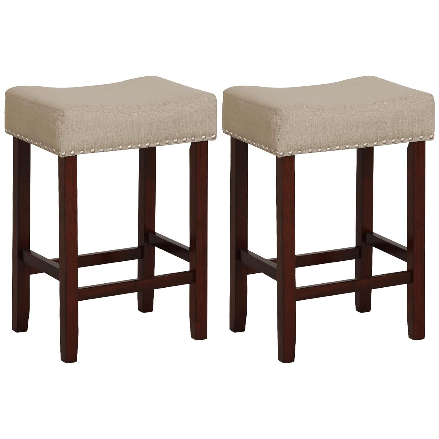 Costway Set of 2 Bar Stools Counter Height Saddle Kitchen Chairs with Wooden Legs Beige