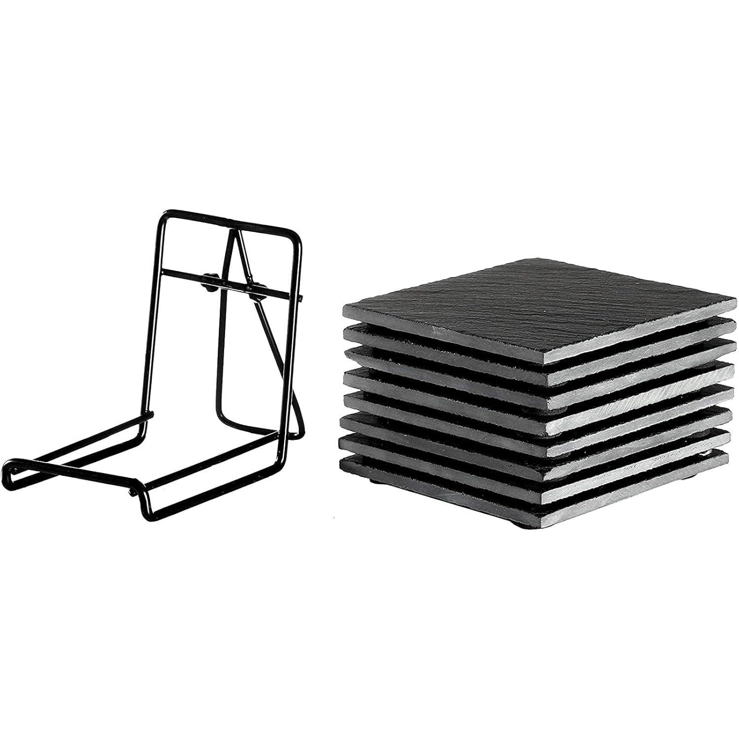 Juvale 8 Piece Set of Square Black Slate Coasters Set with Holder for Coffee Table, Office, Bar, Kitchen, Dinner Table, Home Decor