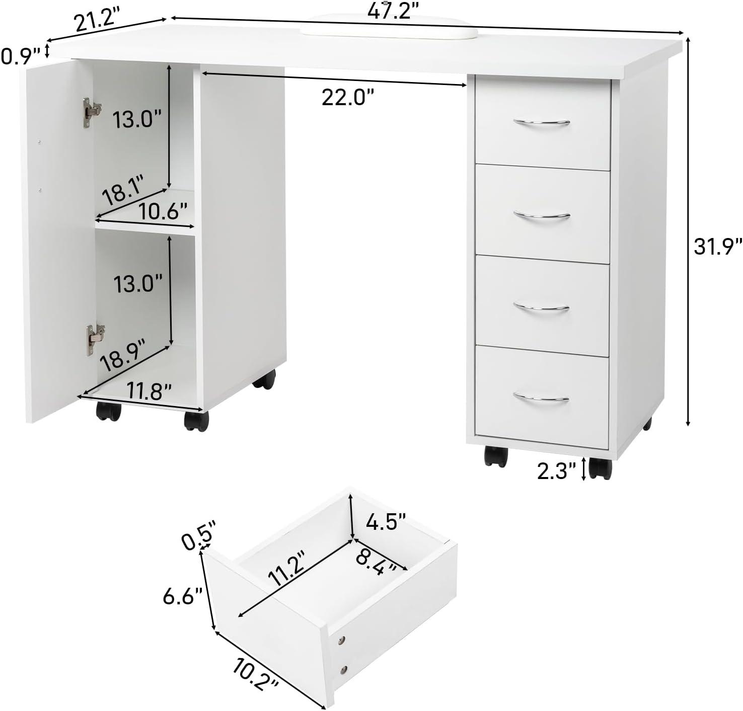 Goujxcy Rolling Nail Table Manicure Table Nail Desk Station, Beauty Salon Nail Station Desk Nail Art Equipment with 4 Drawers & Large Cabinet & Wrist Rest,White