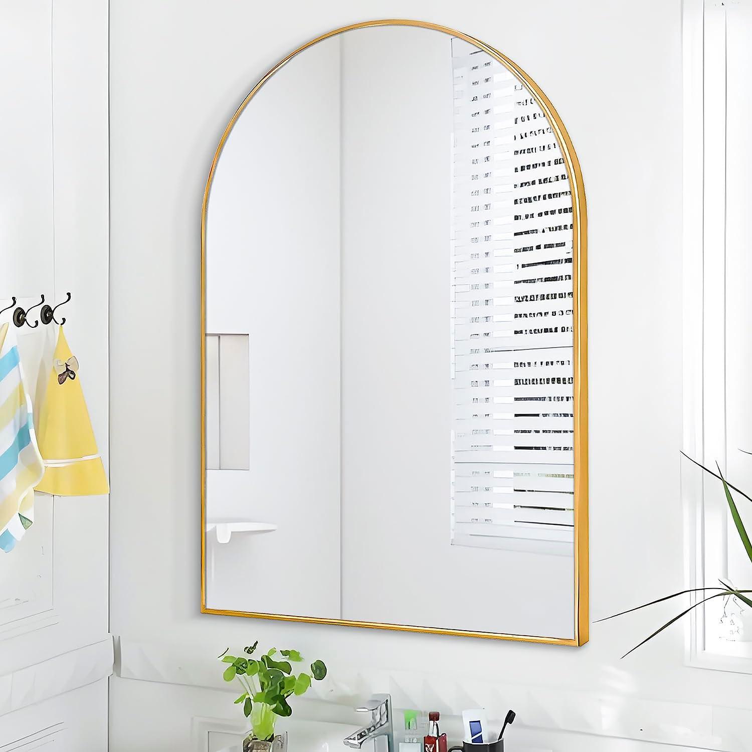 Luxhomez 36" x 24" Arch Wall Mirror for Vanity/ Bathroom, Metal Bathroom Mirror with Waterproof Aluminum Alloy Frame, Gold