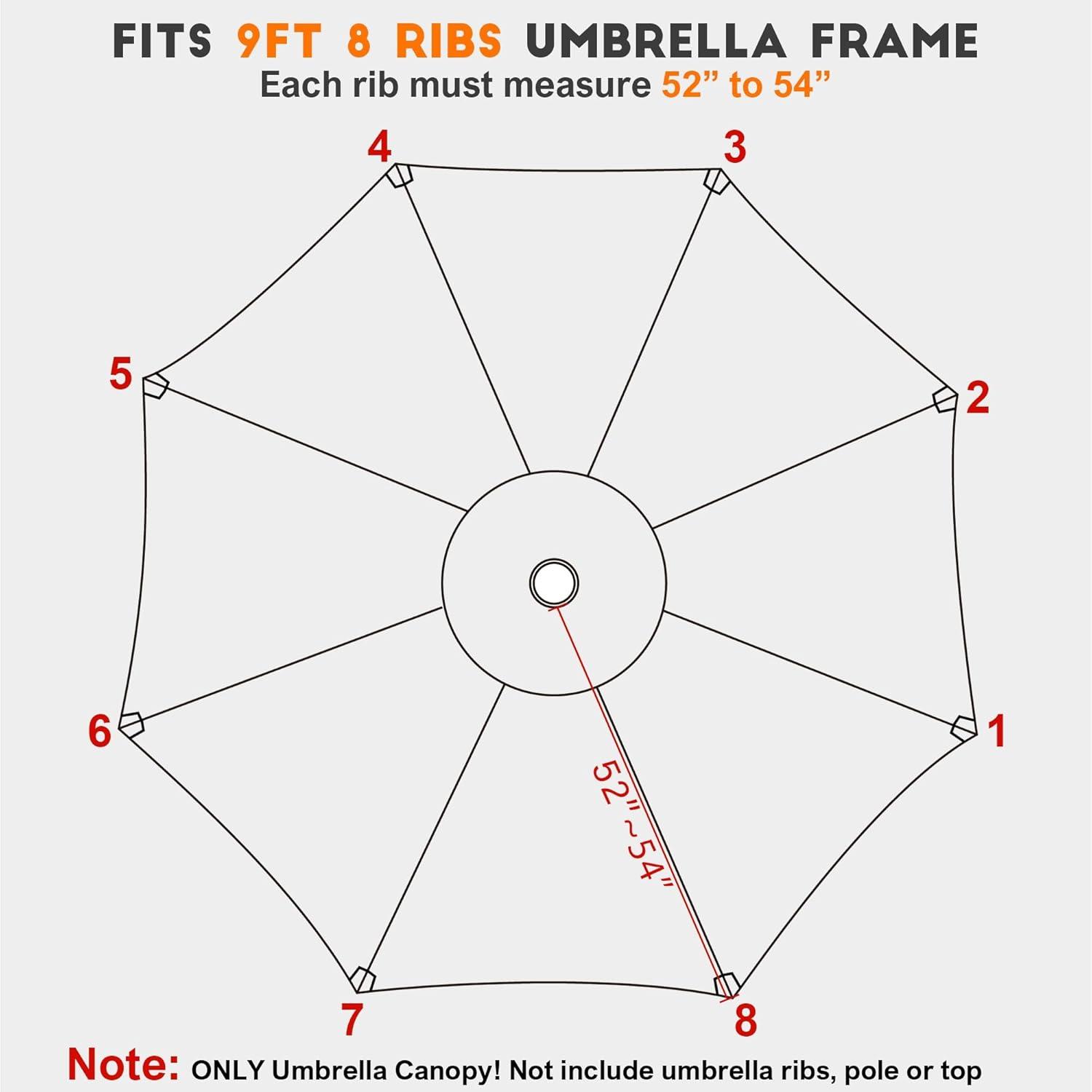 WLAGOOD 9' Patio Outdoor Table Market Yard Umbrella Replacement Top Cover with 8 Ribs, 9ft Canopy,Canopy Garden Umbrella Outdoor Stall Umbrella Beach Sun Umbrella Replacement Cloth