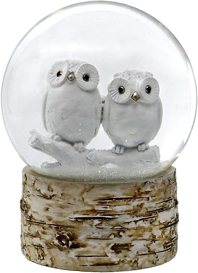 White Owl Babies Snow Globe with Birch Base