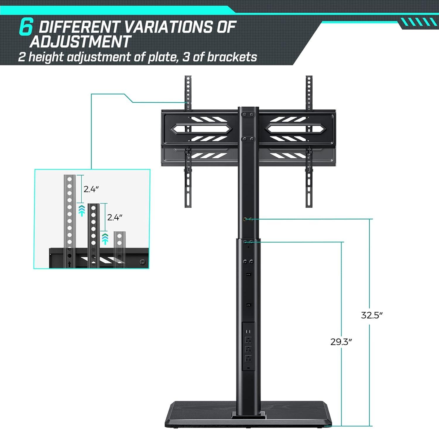 Black Adjustable Swivel TV Stand with Wood Base and Power Outlet