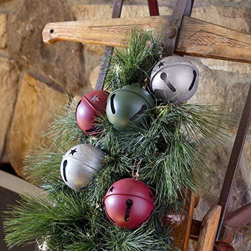 Haute Decor Red, Green, Gray Metal Jingle Bell Ball Ornaments, 3.35 inch diameter, 6 Count - 2 of each color