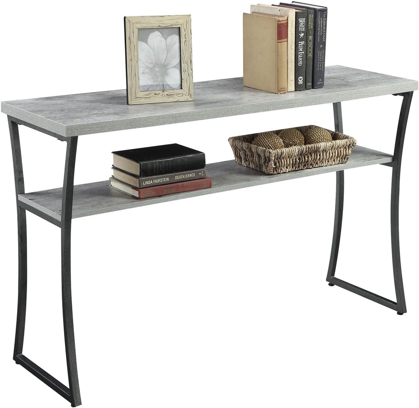 Modern Faux Birch and Slate Gray Metal Console Table with Storage Shelf