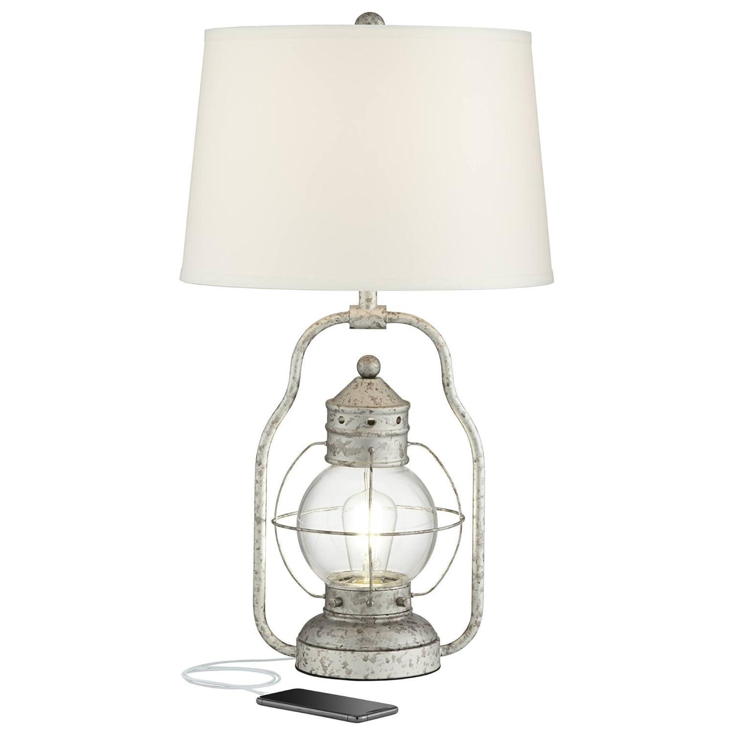 Distressed Silver Industrial Table Lamp with Off-White Fabric Shade