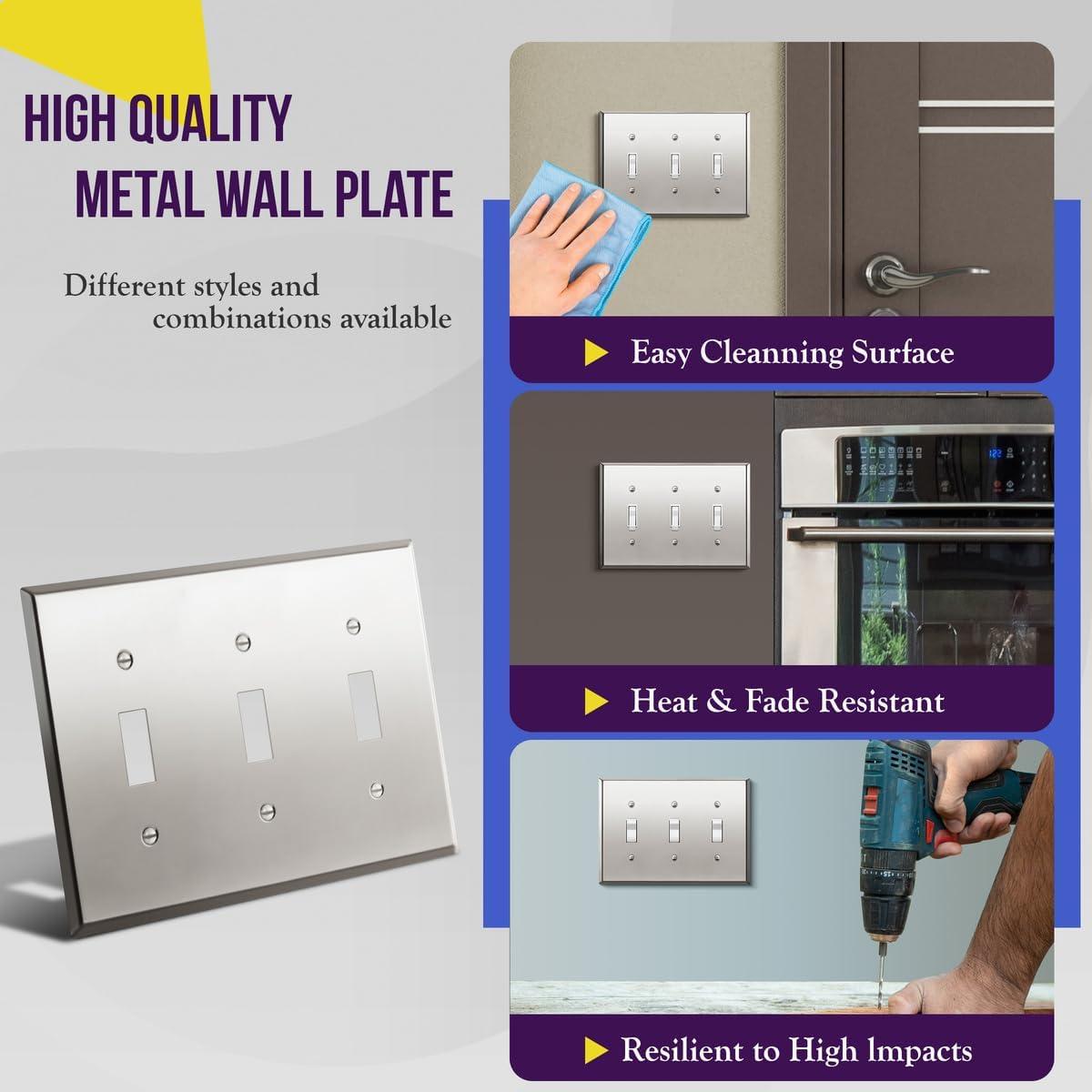 ENERLITES Toggle Light Switch Metal Wall Plate, Stainless Steel, Corrosion Resistant, Size 3-Gang 4.50" x 6.38", 7713-PC, Polished Chrome, Silver