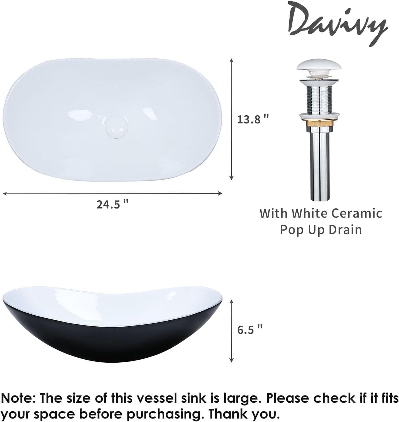 Matte Black Oval Ceramic Vessel Sink with Pop-Up Drain