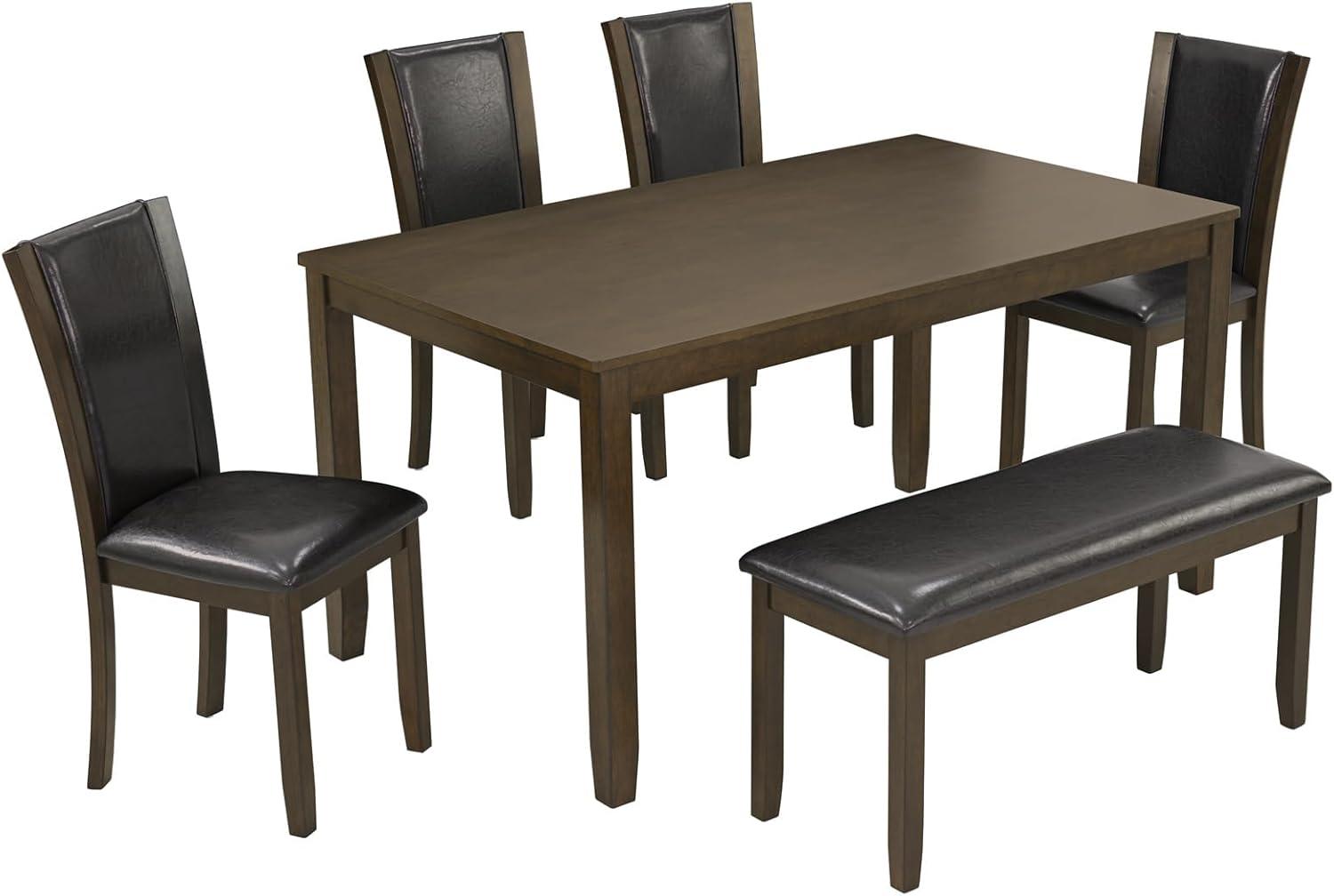 6-Piece Dining Table Set with Bench and Chairs - Solid Wood Kitchen Dining Room Table Set in Farmhouse Rustic Style, Table Set for 6 with 4 Chairs and Bench Seat. (Dark Walnut)