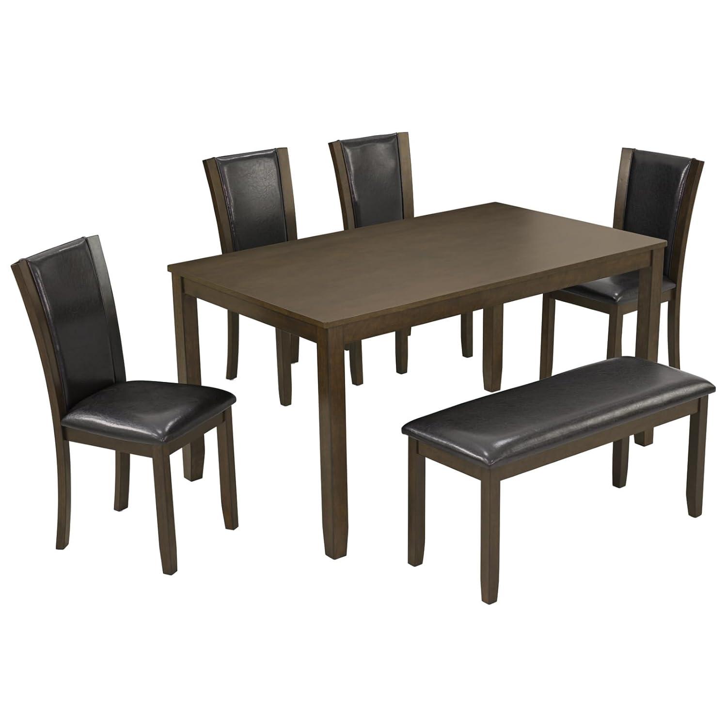 6-Piece Dining Table Set with Bench and Chairs - Solid Wood Kitchen Dining Room Table Set in Farmhouse Rustic Style, Table Set for 6 with 4 Chairs and Bench Seat. (Dark Walnut)
