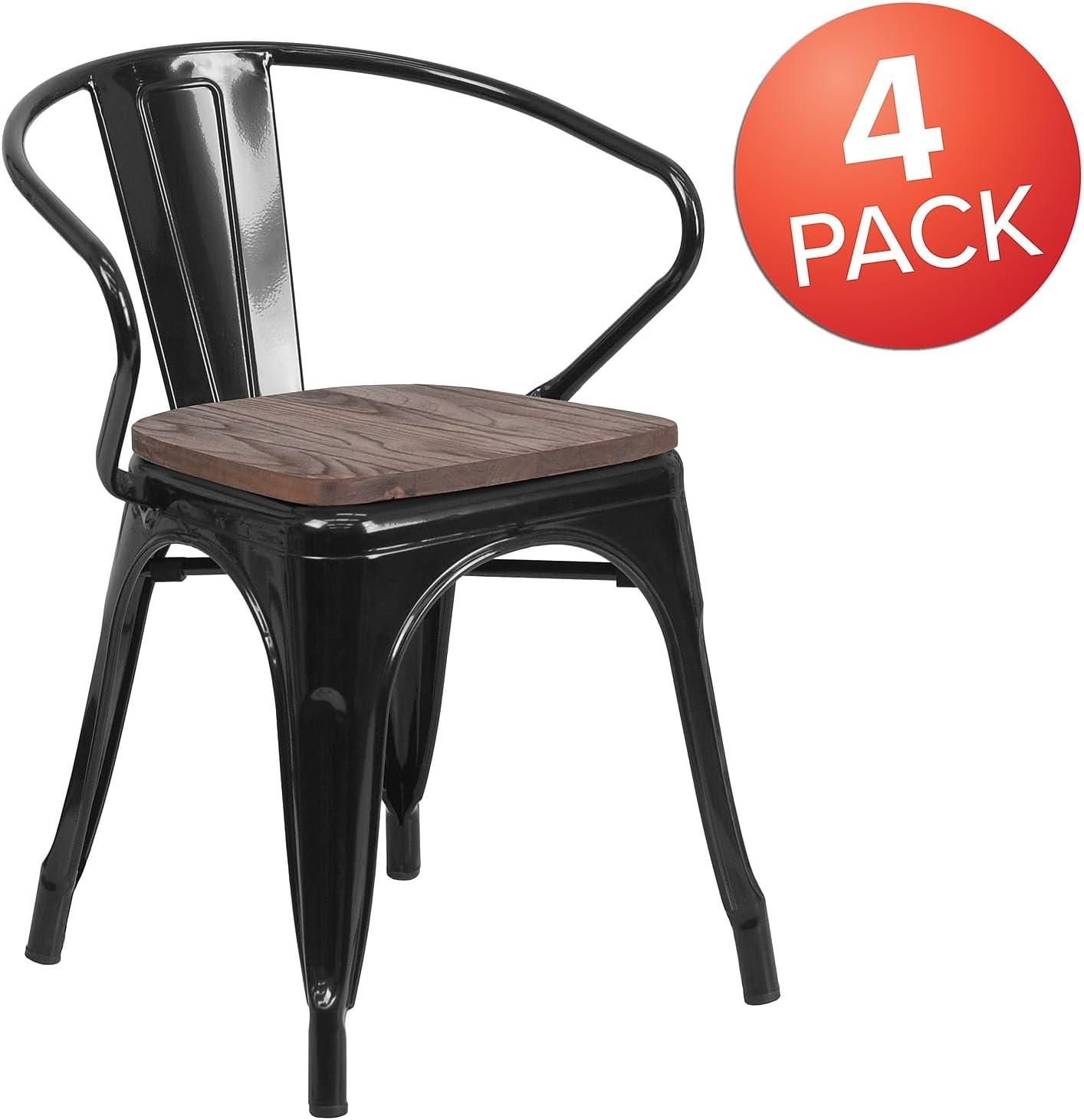 Flash Furniture 4 Pk. Black Metal Chair with Wood Seat and Arms