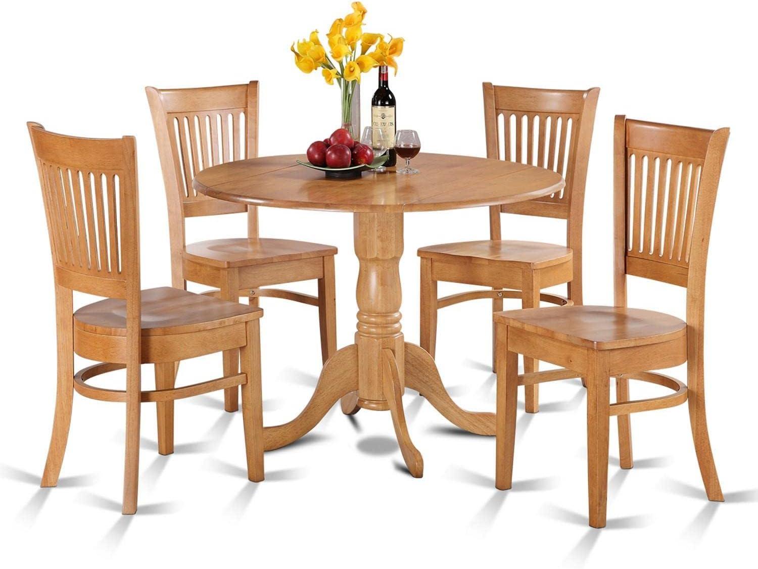 East West Furniture DLVA5-OAK-W 5 Piece Modern Dining Table Set Includes a Round Wooden Table with Dropleaf and 4 Dining Room Chairs, 42x42 Inch, Oak
