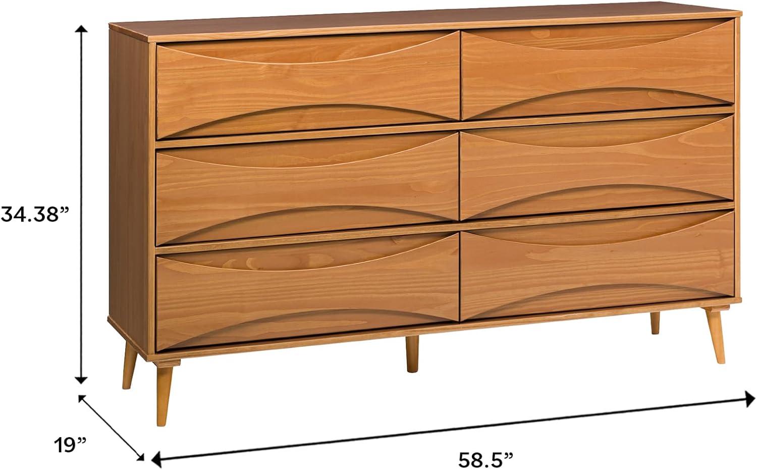 Walker Edison 58” Mid-Century Modern Curved Front 6-Drawer Dresser, Caramel
