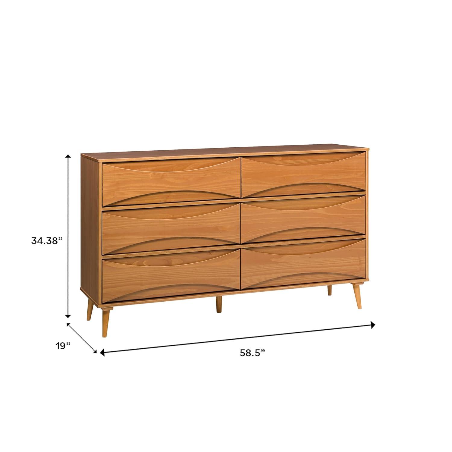 Walker Edison 58” Mid-Century Modern Curved Front 6-Drawer Dresser, Caramel