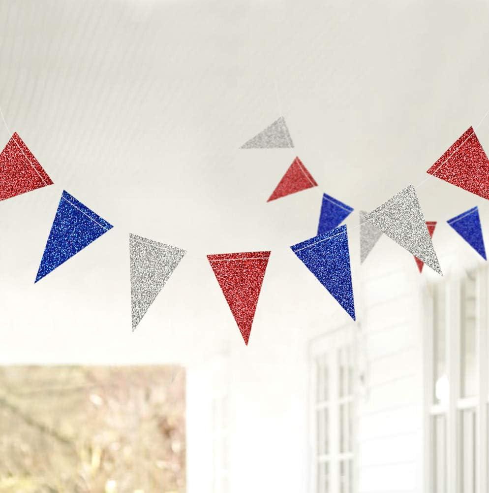 Red Blue Silver/White National Day Patriotic Triangle Flag Banner Fourth/4th of July USA American Independence Day Celebration Party Garland Hanging Decoration for Birthday/Baby Shower