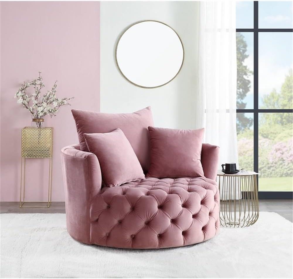 Pink Velvet Barrel Swivel Accent Chair with Pillows