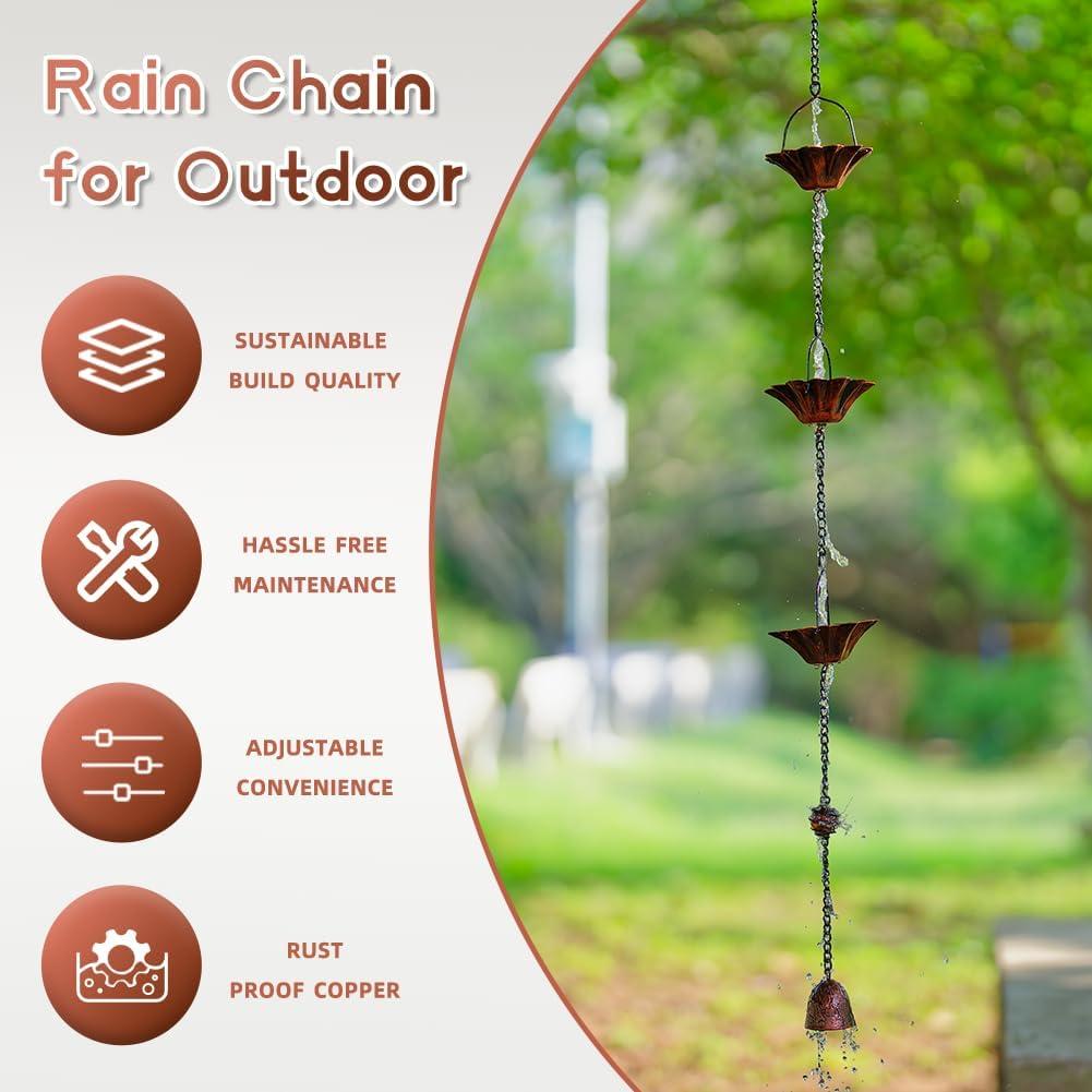 10-Foot Antique Bronze Lotus Rain Chain with Bell Pendant