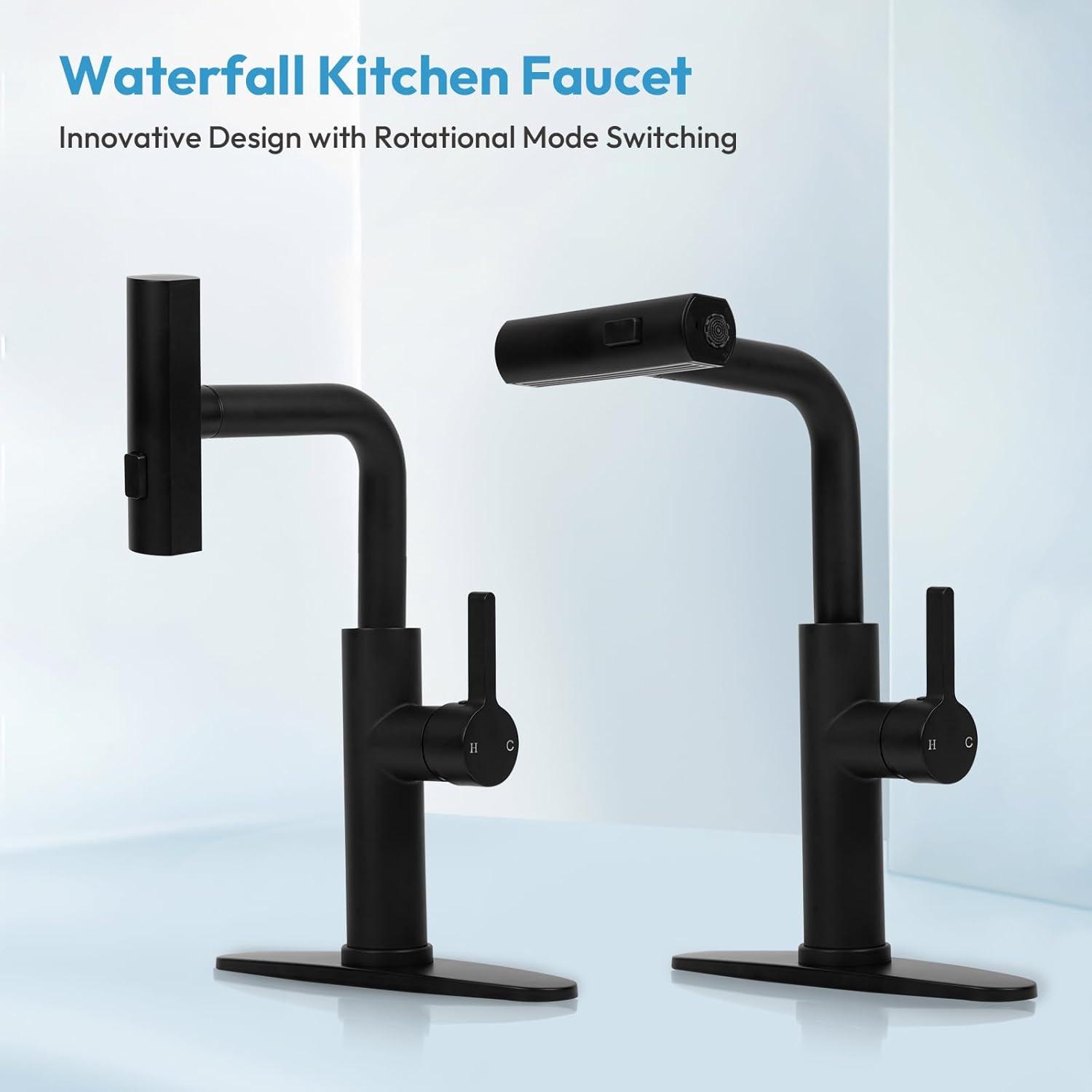 Waterfall Kitchen Faucet,Matte Black Kitchen Faucet with Pull Down Sprayer,Faucets for Kitchen Sink,Single Handle Kitchen Faucet Stainless Steel,Pull Out Sprayer Kitchen Faucets