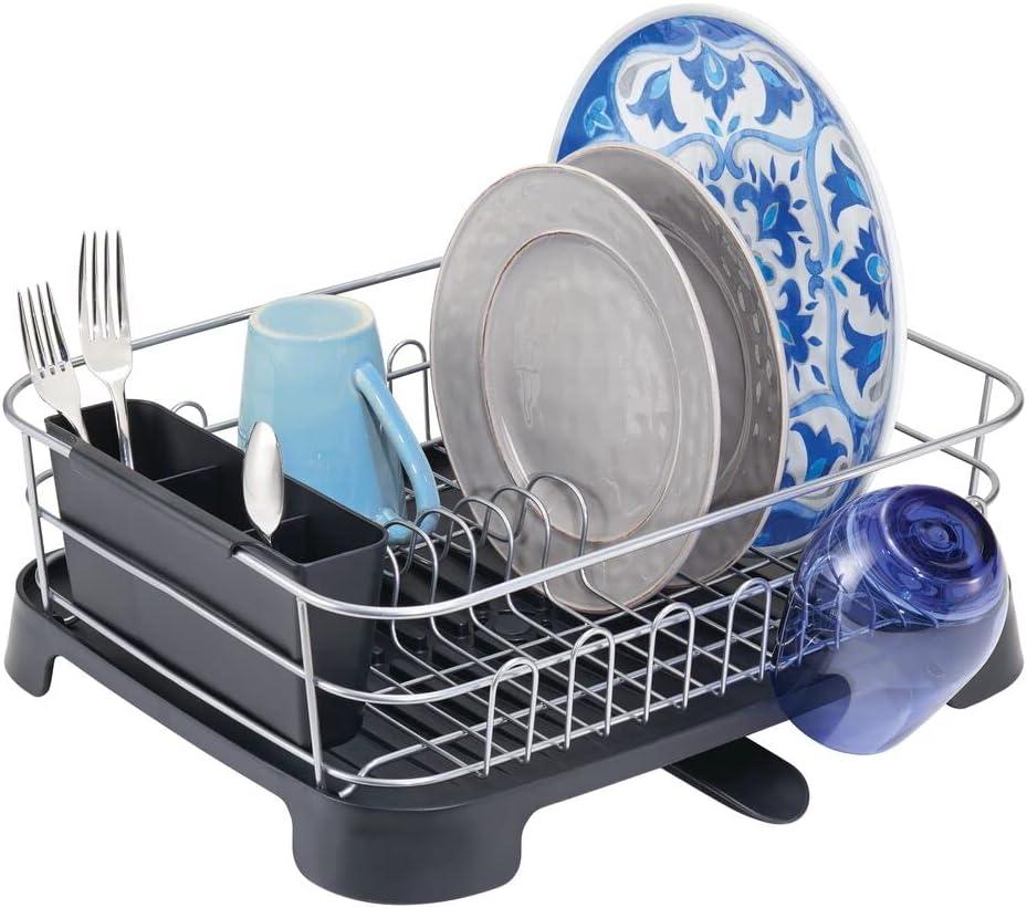 Silver and Black Metal Dish Drying Rack with Utensil Cup