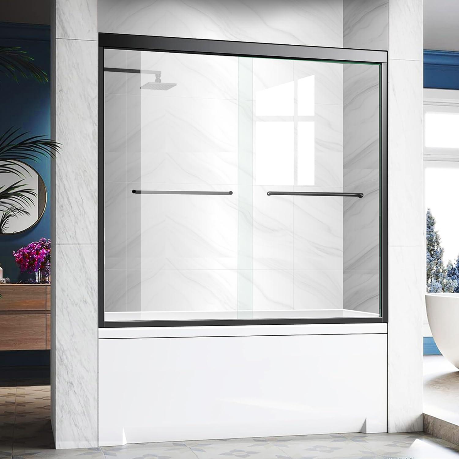 Sliding Glass Tub Door 56-60 In. W X 57 In. H, Semi Frameless Double Bathtub Door, Certified Thick Clear Clear Tempered Glass, 304 Stainless Steel Handles.
