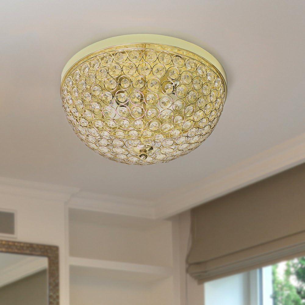 Elegant Designs Elipse Crystal 13" Metal 2 Light Bowl Shaped Ceiling Flush Mount Fixture, Gold