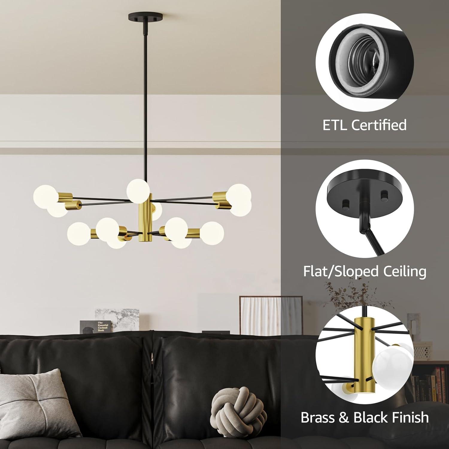 Kaisite  12-Light Modern Sputnik Chandeliers Black & Gold Ceiling Light Fixtures for Dining Room Living Room Bedroom