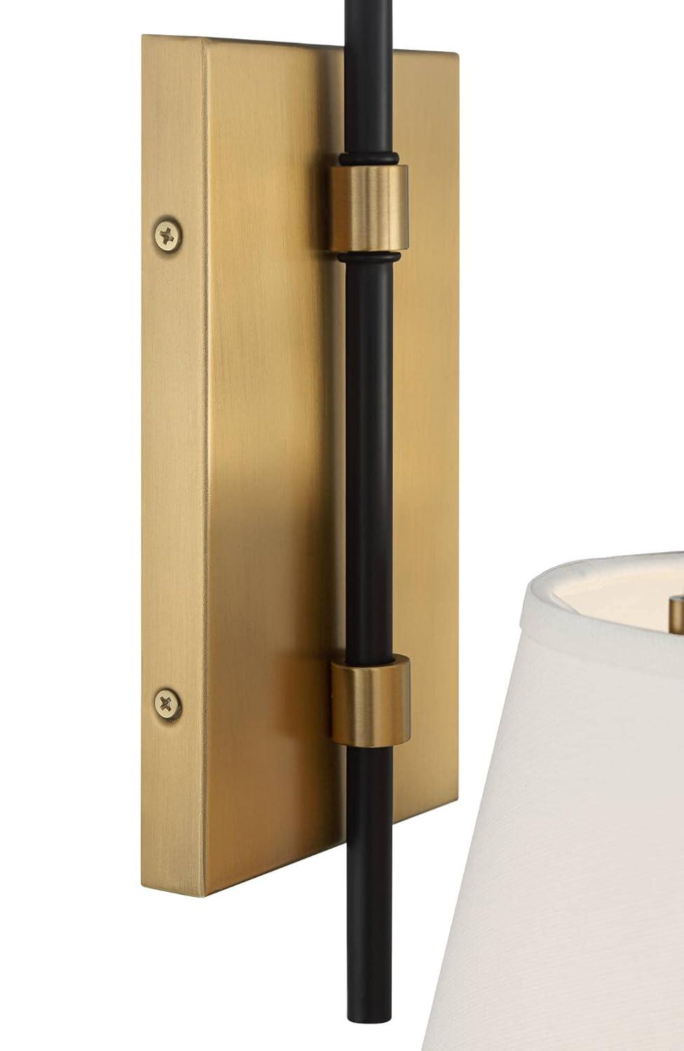Possini Euro Design Mid Century Modern Wall Light Sconce Brass Black Hardwired 8" Fixture White Linen Shade for Bedroom Living Room