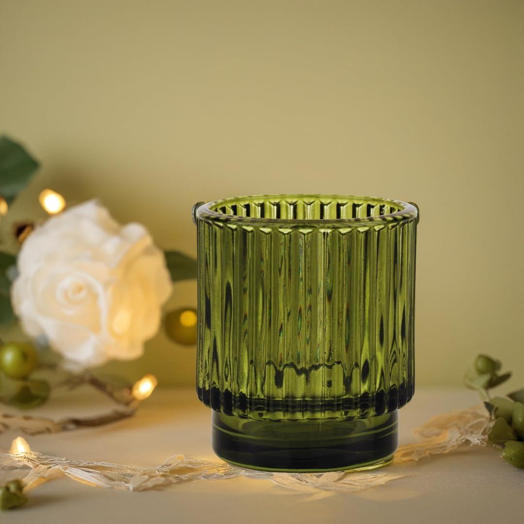 Koyal Wholesale Olive Green Ribbed Glass Votive Candle Holders - Aesthetic Decor & Candle Holders Table Décor, Pack of 6