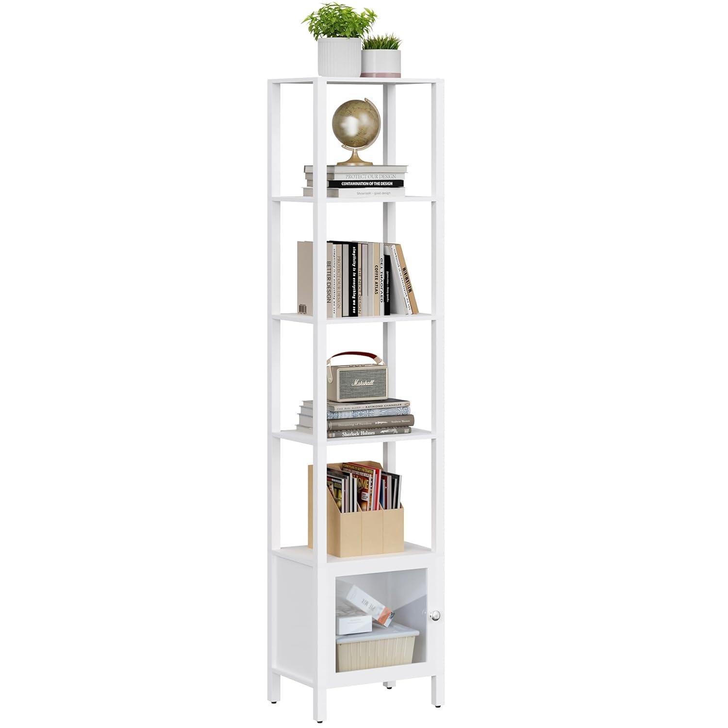 TUTOTAK 5 Tier Bookcase and Bookshelf, Narrow Book Shelf with Door for Small Space, for Living Room, Office, Study, Entryway, White BS03BW005