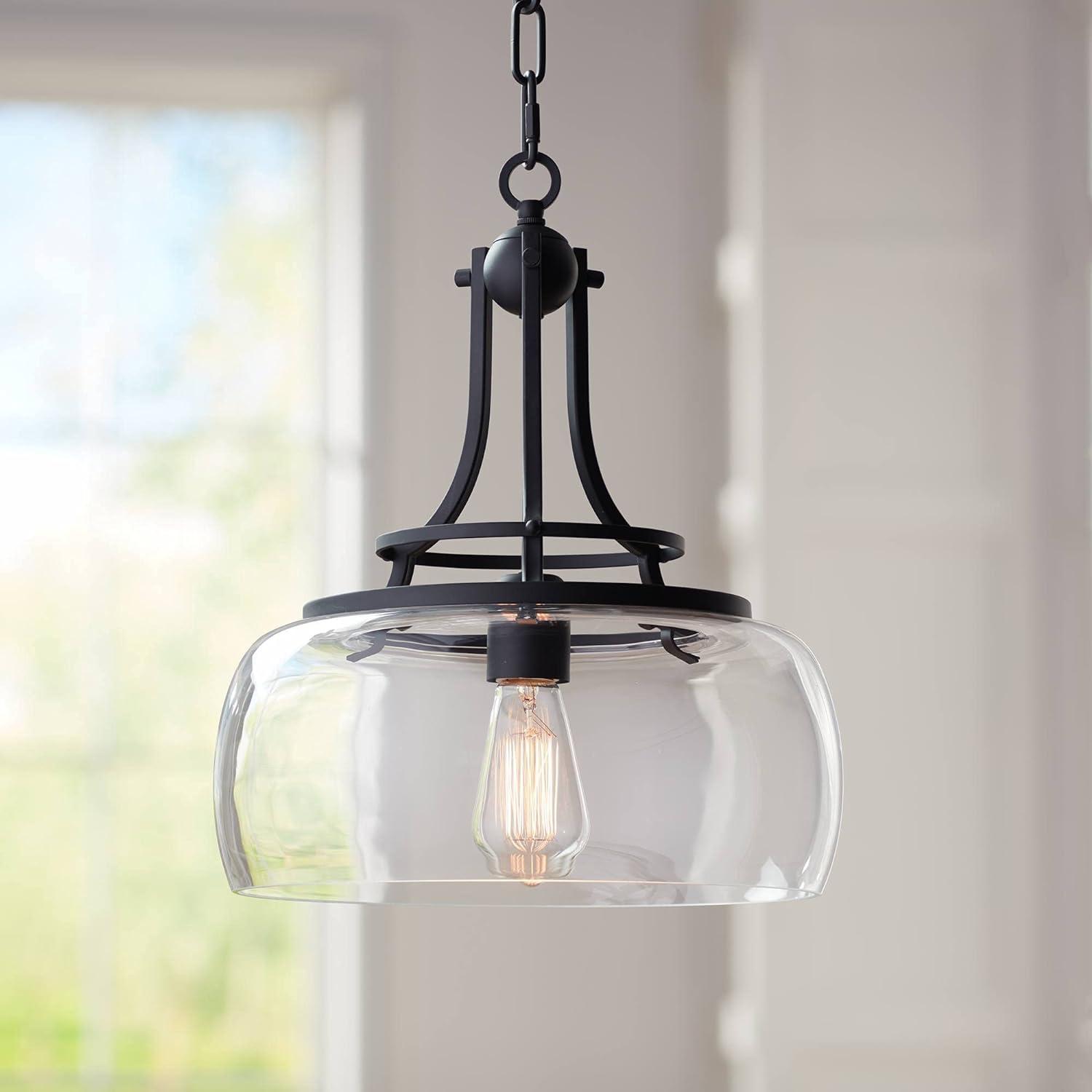 Franklin Iron Works Charleston Black Pendant 13 1/2" Wide Industrial LED Clear Glass Fixture for Dining Room House Kitchen Island