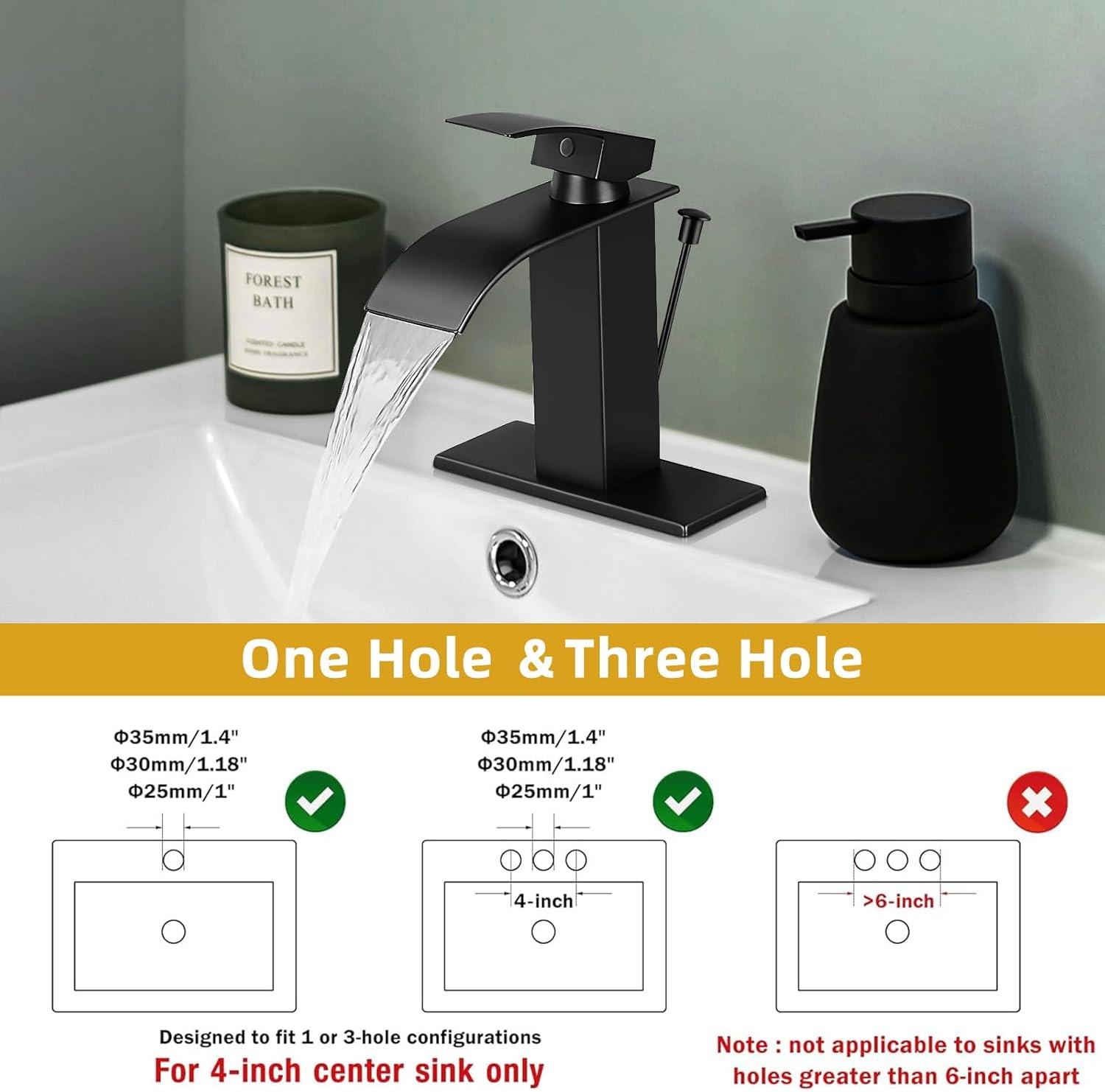 KZH Vessel Sink Faucet, Matte Black Tall Waterfall Spout Bathroom Faucet,Single Handle Bathroom Sink Faucet for 1 Hole Mixer Tap Washbasin Vanity Faucet with Pop-up Drain and Supply Hoses