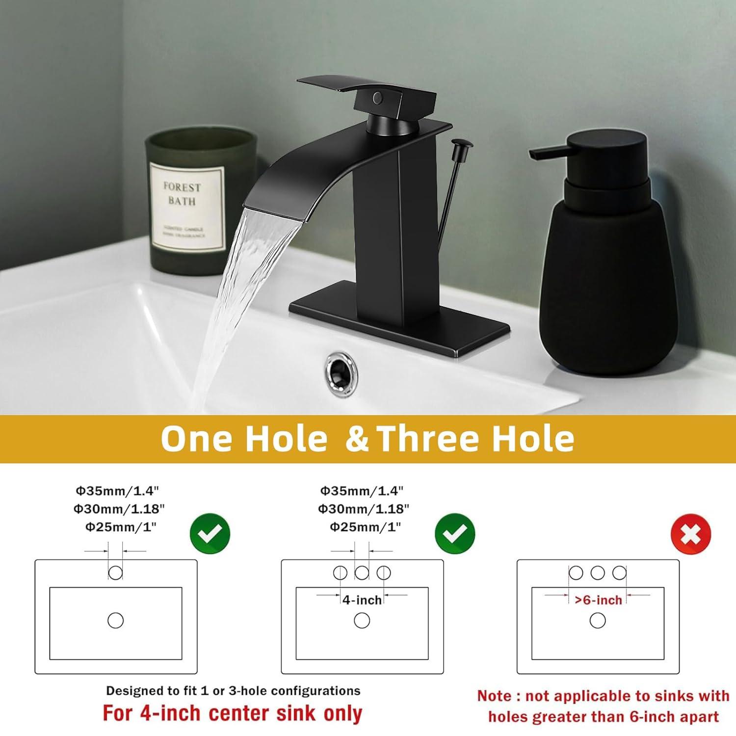 KZH Waterfall Bathroom Faucet, Black Modern Single Handle Bathroom Faucets for 1 or 3 Hole Bathroom Sink Faucet Mixer Tap Washbasin Faucet with Lift Rod Drain,Deck Plate, Supply Hoses