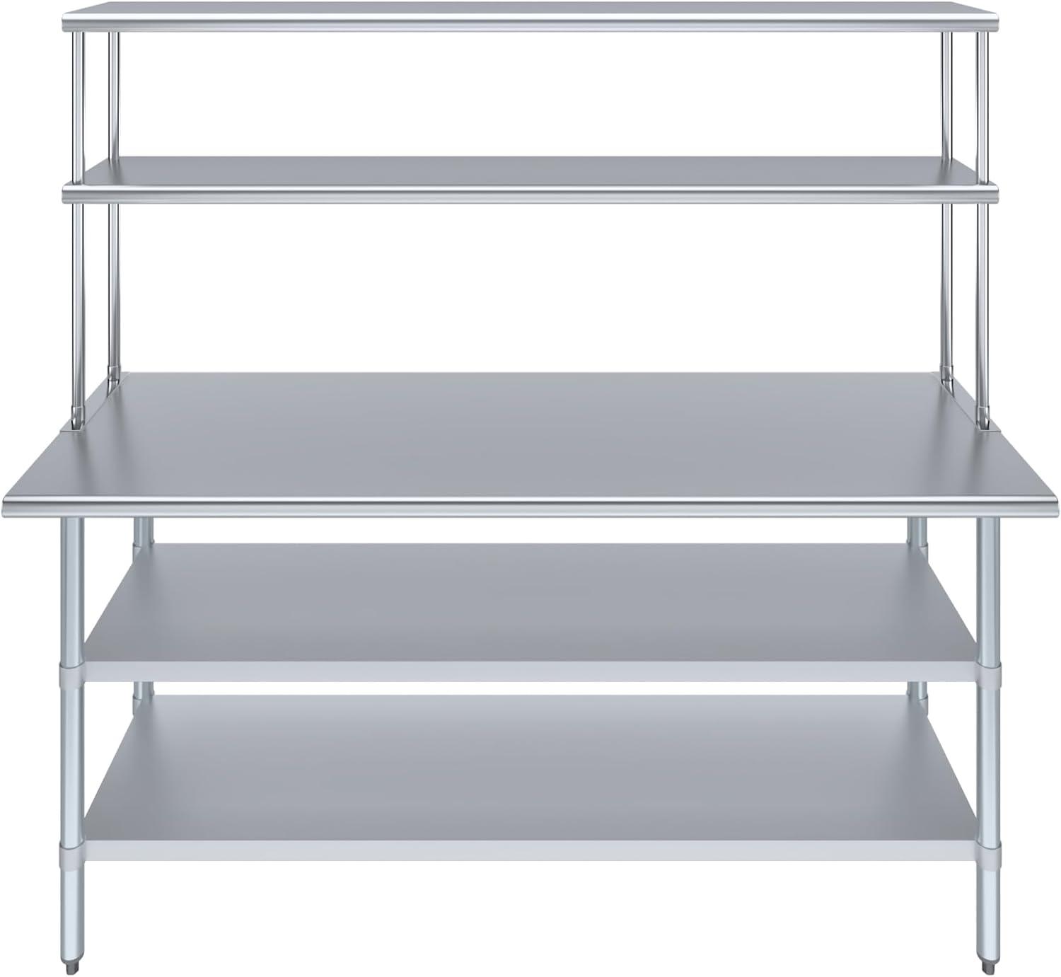 72" Long x 24" Deep" Stainless Steel Work Table With 12" Wide Double Tier Overshelf | Metal Kitchen Prep Table & Shelving Combo