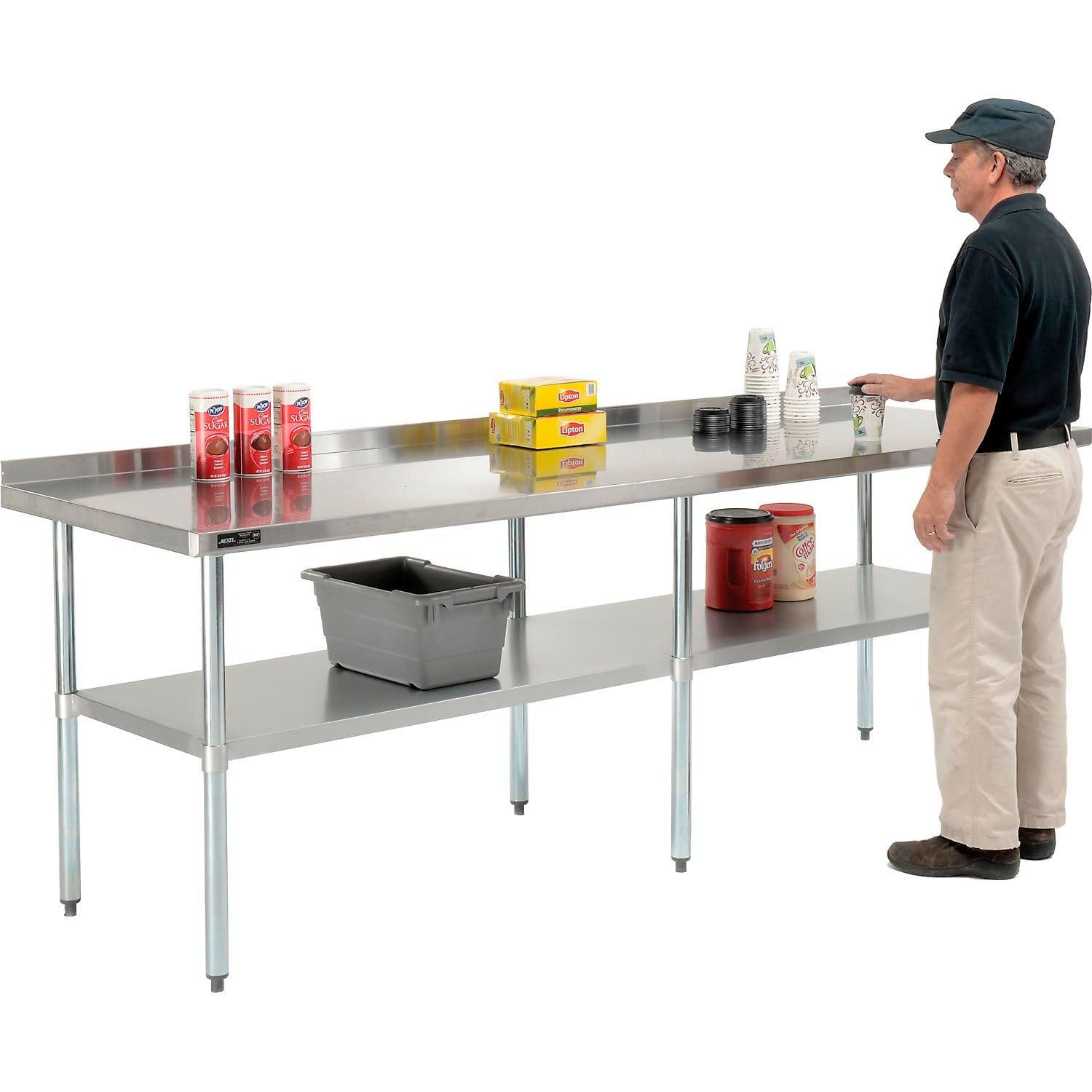 Nexel 96"W x 30"D 18 Gauge 430 Stainless Steel Workbench 2" Backsplash, Galvanized Legs & Undershelf