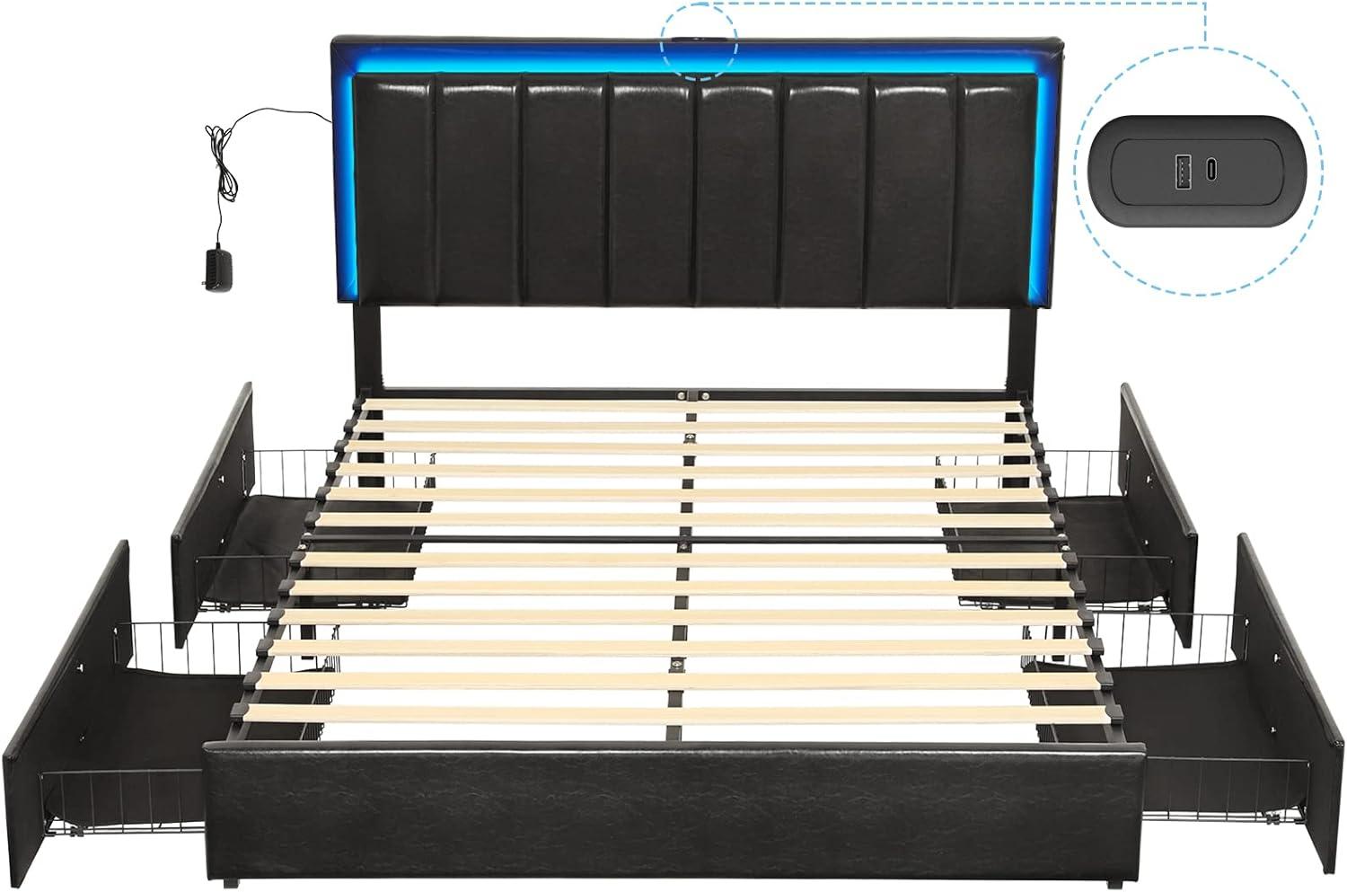 Full Size Led Bed Frame with Charging Station&LED Lights Modern Faux Leather Upholstered Platform Bed Frame with Adjustable Headboard&4 Storage Drawers, Black