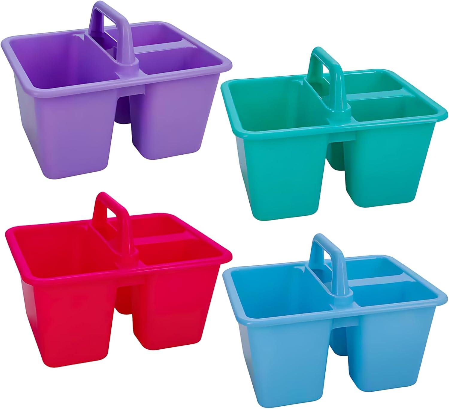 Small Plastic Caddies with Handles, 3 Compartments, Assorted Colors, 4-ct Set