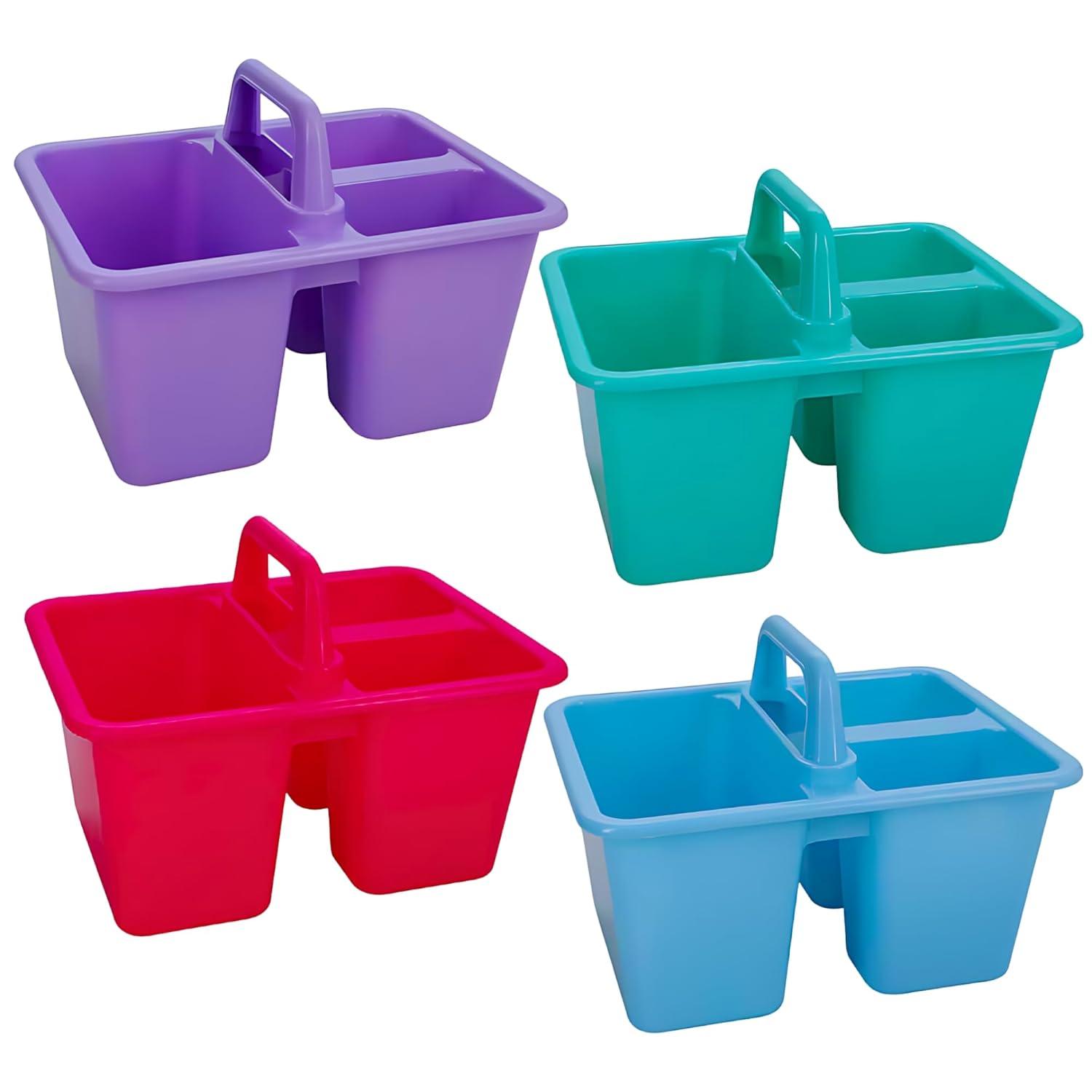 Kids Arts & Crafts Small Plastic Caddies with Handles, 3 Compartments, Assorted Colors, 4-ct Set