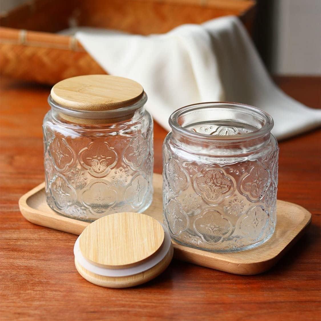 Set of 4 Clear Embossed Glass Storage Jars with Bamboo Lids