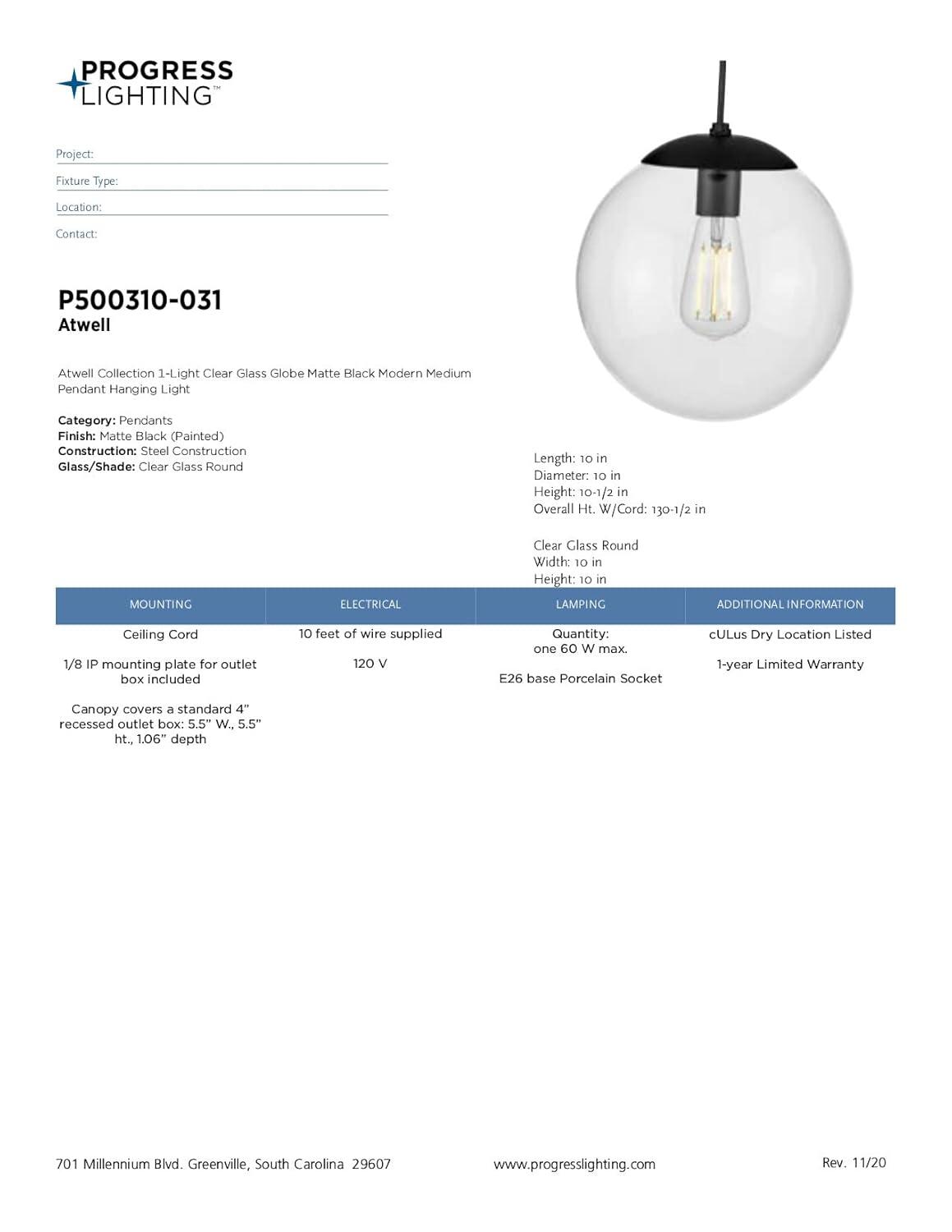Progress Lighting, Atwell Collection, 1-Light, Pendant Light, Matte Black, Glass Globe Shade
