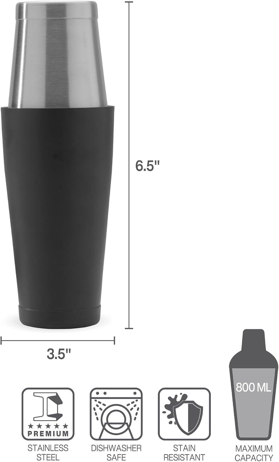 Sleek Black and Stainless Steel Boston Cocktail Shaker, 800ml